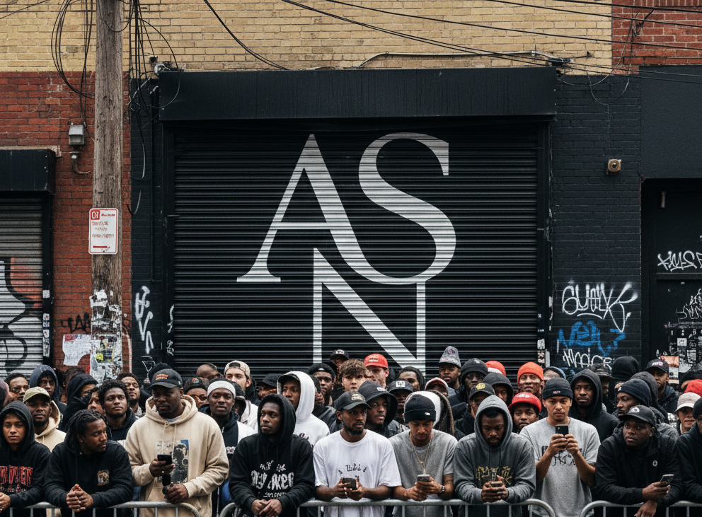 Diverse crowd at ASN storefront with logo